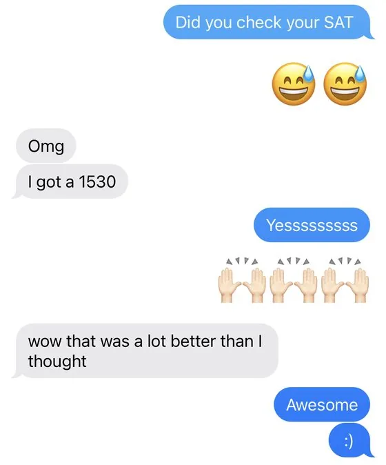 Student message celebrating a 1530 SAT score