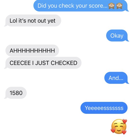 Student message celebrating a 1580 SAT score
